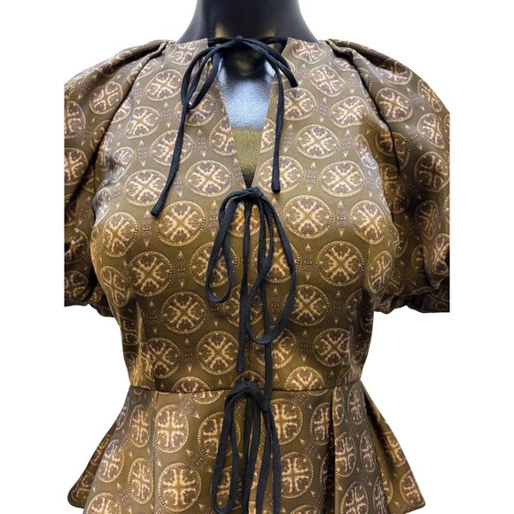 NWT Antonio Melani Brown Print Blouse With Puff Sleeves Size 0 - Picture 3 of 7